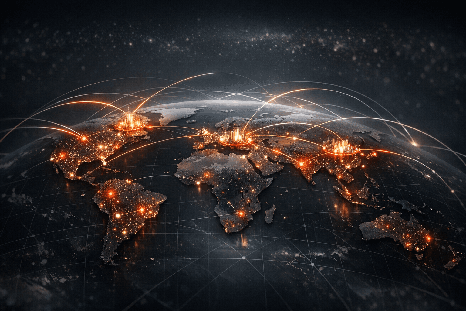 A premium map-inspired visualization showing international business expansion and connected regional operations.